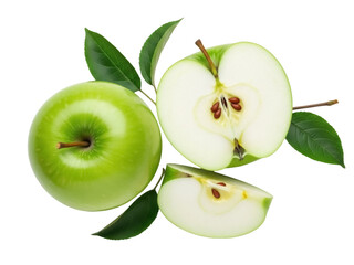 Isolated whole and cut Granny Smith apples with leaves, delicious and juicy fruit