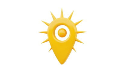 Isolated yellow location pin with rays, travel destination and navigation symbol icon