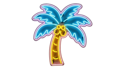 Isolated neon sign of a palm tree with teal leaves and a yellow trunk, for summer decor