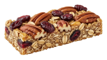 Isolated trail mix bar with pecans and cranberries, snack for energy or granola substitute