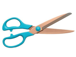 Isolated scissors with blue handles and tan blades for crafting and art supplies use indoors