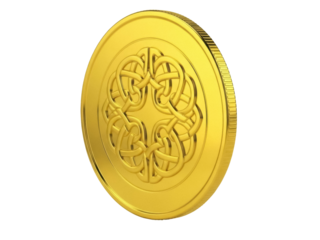 Isolated gold coin with an intricate Celtic knot design on a plain surface, treasure