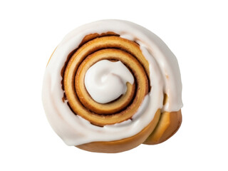 Isolated cinnamon roll with icing, delicious pastry for breakfast or dessert, baked confection