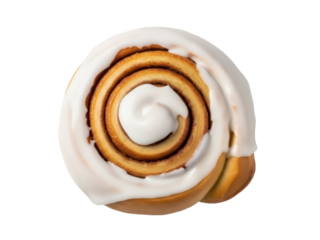 Isolated cinnamon roll with icing, delicious pastry for breakfast or dessert, baked confection