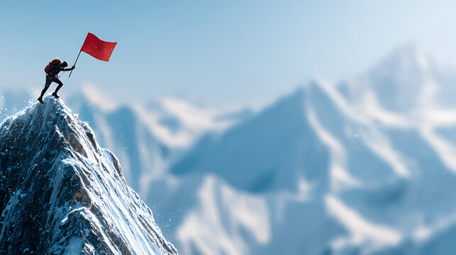 Mountain summit mountaineer red flag ice snow peak ridge alpine adventure triumph. Mountain summit mountaineer with red flag icy snow peak ridge alpine light, windblown spray, dramatic sky - Powered by Adobe