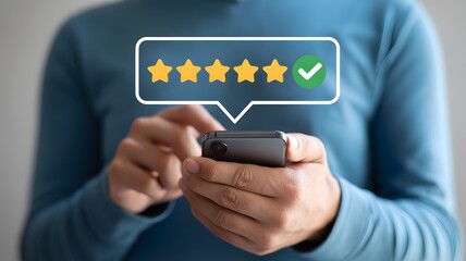 Customer satisfaction service concept, satisfaction feedback review, good quality most. User rate 5-star satisfaction on online application.