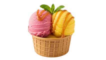 Isolated ice cream cone with pink strawberry and yellow mango flavors and caramel drizzle