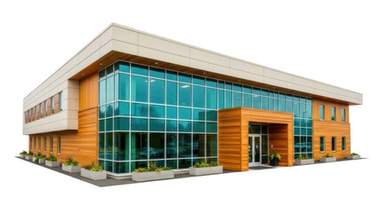 Isolated Modern Commercial Building Exterior, Office Architecture, Wood and Glass Facade