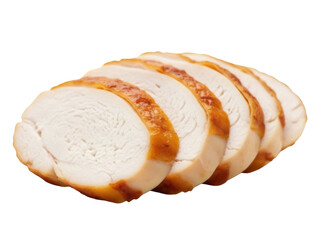 Isolated slices of roasted chicken breast on a plate, cooked food ready to eat, sliced meat