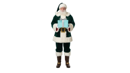 Isolated Santa Claus holding blue gift box in dark green costume, winter holidays joy