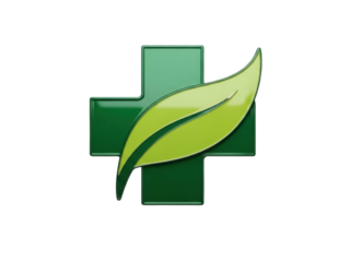 Isolated herbal cross emblem with leaf overlay for alternative medicine concept design