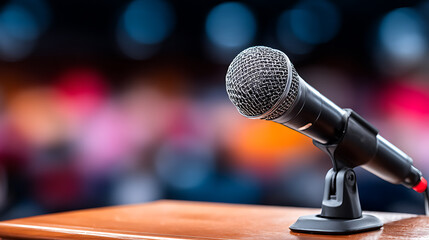 Microphone podium conference stage speech presentation seminar audience event business microphone podium for conference speech, focused financial growth goals toward 2026 with clear sound