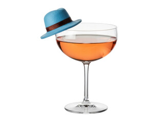 Isolated elegant cocktail in a coupe glass with brown liquor and a blue hat perched on its edge