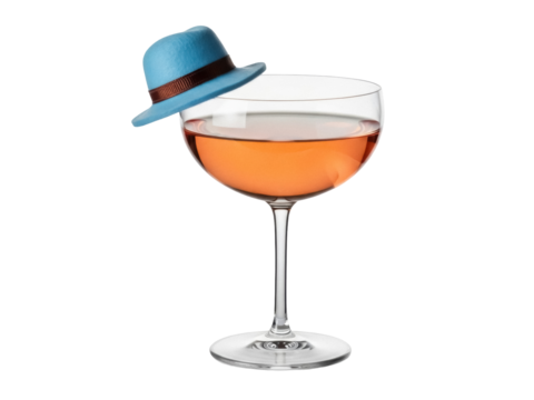 Isolated elegant cocktail in a coupe glass with brown liquor and a blue hat perched on its edge - Powered by Adobe