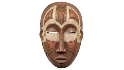 Isolated antique carved wooden tribal mask with neutral expression on face and abstract design