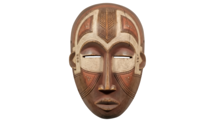 Isolated antique carved wooden tribal mask with neutral expression on face and abstract design