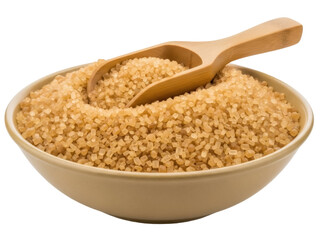 Isolated bowl with brown sugar, a scoop, a common sweetener in cakes, cookies, and beverages