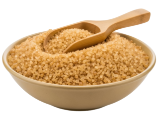 Isolated bowl with brown sugar, a scoop, a common sweetener in cakes, cookies, and beverages