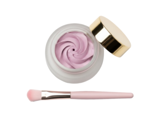 Isolated pink swirl cream in jar with gold lid plus pink applicator brush on no background