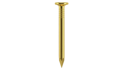 Isolated golden nail carpentry tack construction pin head metal fastener tool hammered tight