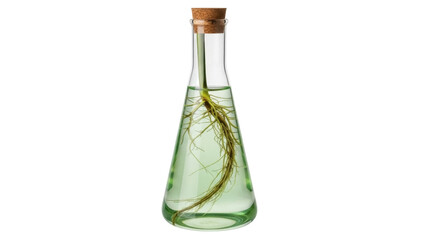 Isolated sprout growing in glass vial with water and cork stopper for hydroponics experiment