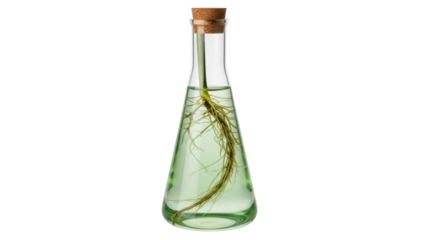 Isolated sprout growing in glass vial with water and cork stopper for hydroponics experiment