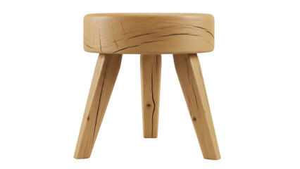 Isolated wooden stool with three legs, round seat with organic wood grain detailing