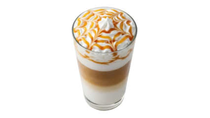 Isolated Caramel Latte Macchiato in Clear Glass Cup with Whipped Cream and Caramel Drizzle