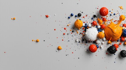 A collection of vibrant paint splatters and droplets on a neutral gray surface, creating an abstract and textured composition