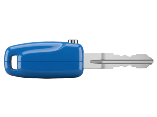 Isolated Car Key - Modern Blue Key With Silver Cut-Out Head For Car Ignition, Security System
