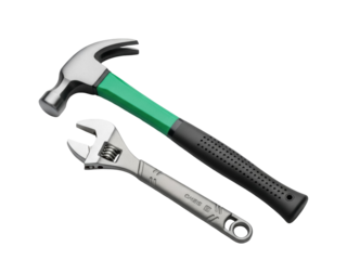 Isolated Hammer and wrench tools for DIY carpentry repair tasks, construction industry