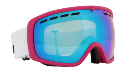 Isolated ski goggles with pink frames and a white strap, photographed in a studio setting