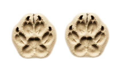 Isolated imprint of animal paws in sand, trace in sand, bear footprints, bear paws, canine