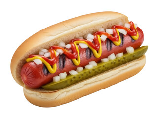 Isolated hot dog in a bun with mustard, ketchup, diced onions, and pickle relish topping meal