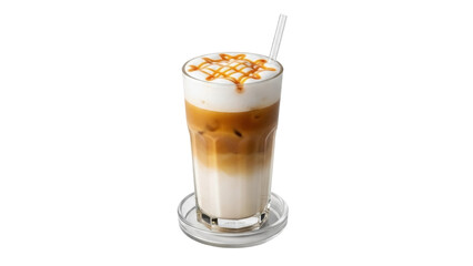 Isolated Iced Caramel Macchiato layered in glass with whipped cream and straw on coaster