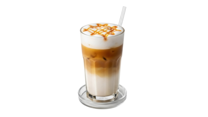 Isolated Iced Caramel Macchiato layered in glass with whipped cream and straw on coaster