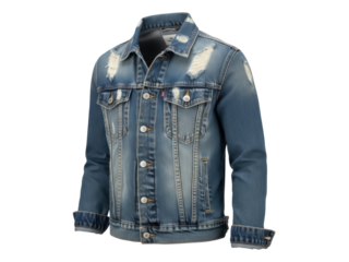 Isolated faded denim jacket for men featuring a button-down style and a trendy distressed look