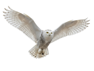 Isolated snowy owl flying with wings outstretched, nature birdlife predator with bright yellow eyes