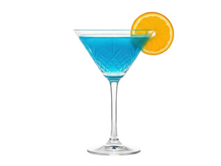 Isolated cosmopolitan cocktail with a blue hue garnished with a juicy orange slice on glass stem