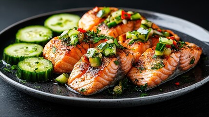 Grilled salmon fillets with fresh cucumber salsa and cucumber slices on a dark plate, a gourmet dish