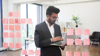 An Indian businessman uses sticky notes and a laptop to plan a project in a modern office setting