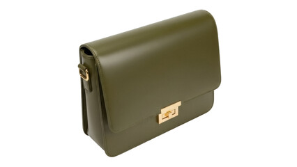 Isolated stylish green leather purse featuring a flap front and a gold-tone clasp closure