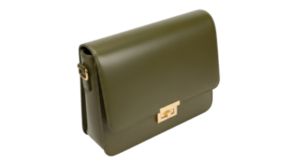Isolated stylish green leather purse featuring a flap front and a gold-tone clasp closure