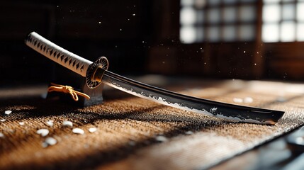 An ornate Japanese katana rests on a wooden display, capturing the sunlight. Details show intricate guard and a focused blade