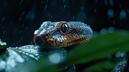 A close-up of a snake's head with orange and black scales amid rain drops on leaves. Dark background