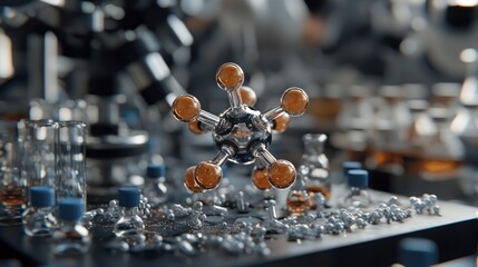 A molecular structure model sits centered, reflecting in metallic and glass lab equipment. Amber spheres on a chrome frame