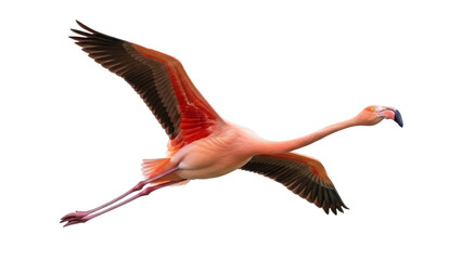 Isolated Flamingo in Flight, Spreading Wings, Pink Bird with Long Neck and Legs in Air © Maria