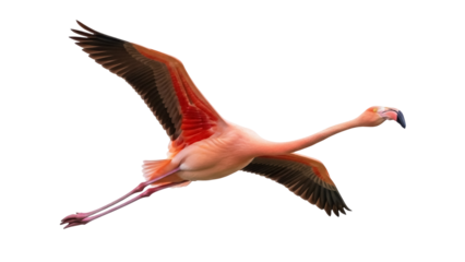 Isolated Flamingo in Flight, Spreading Wings, Pink Bird with Long Neck and Legs in Air