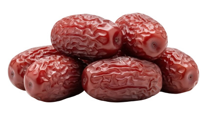Isolated pile of ripe, juicy jujubes, the fruit is reddish-brown, wrinkly, and looks delicious