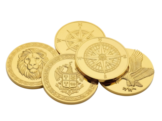 Isolated gold coins collection with lion, eagle, compass rose, coat of arms, nobility